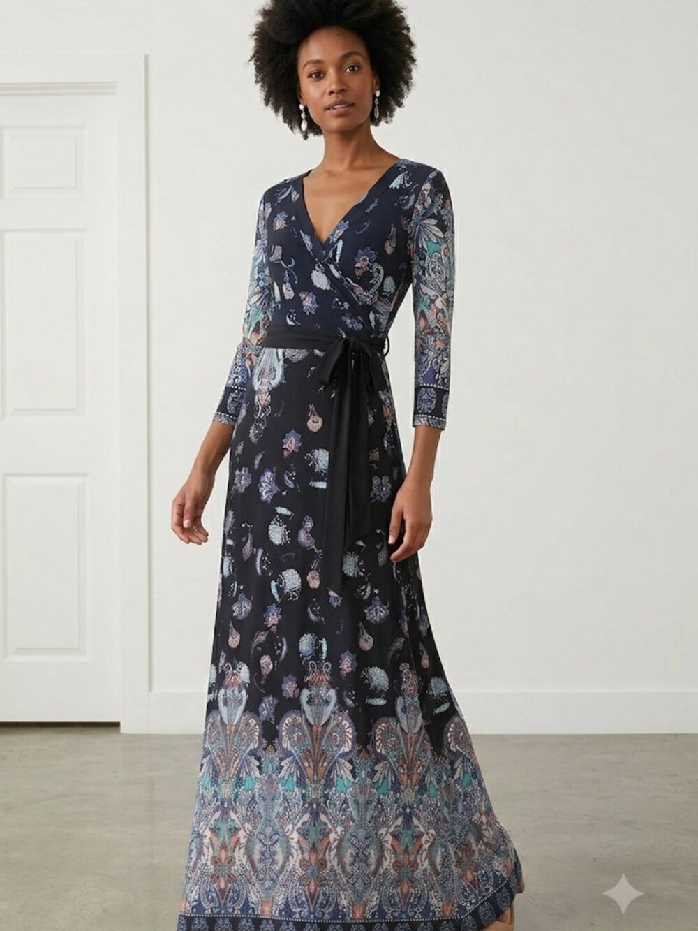Navy Floral &  Paisley Border Print Maxi Dress